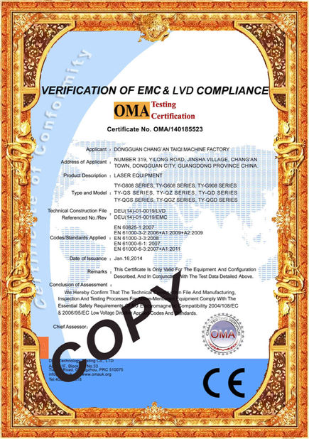 La CINA Taiyi Laser Technology Company Limited Certificazioni